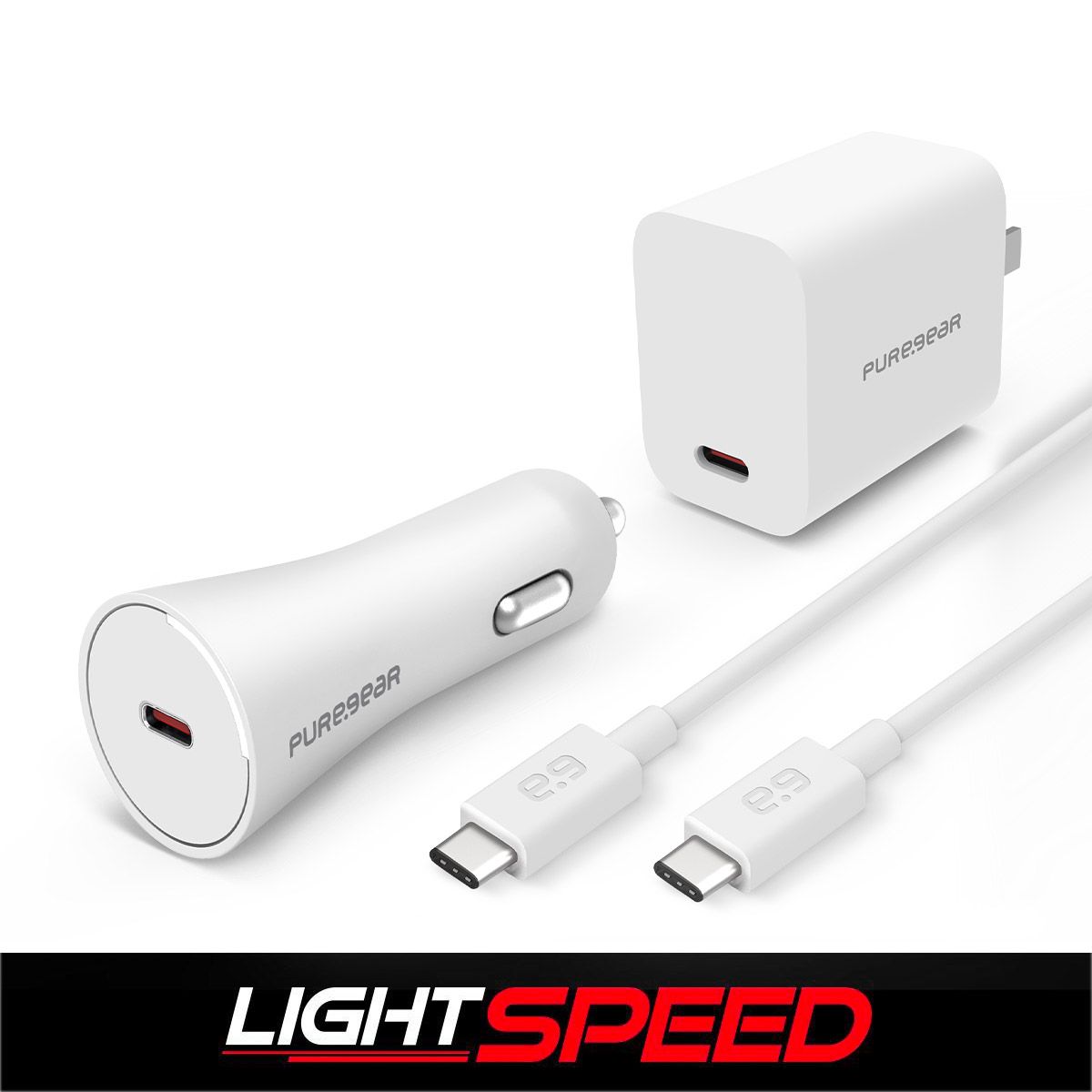 Puregear Lightspeed 20w Single Usb-C Pd Wall Charger + Usb-C Car Charger + Usb-C To Usb-C Cable White