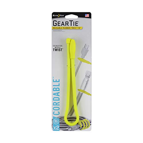 Nite Ize Gear Cordable The Orginal Reusable Rubber Twist Tie With Stretch-Loop For Cord Management + Storage 18-Inch Neon Yellow, 2 Pack, Made In The Usa