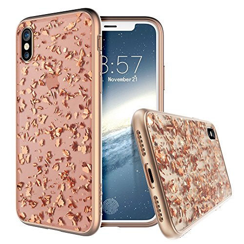 Apple Iphone X (2017) Iphone Xs (2018) Case Rose Gold | Treasure Series | Transparent Sparkling Glitter Flakes | 2 Meters Military Grade Drop Tested | Scratch Resistant | Shockproof 5.8 Inch